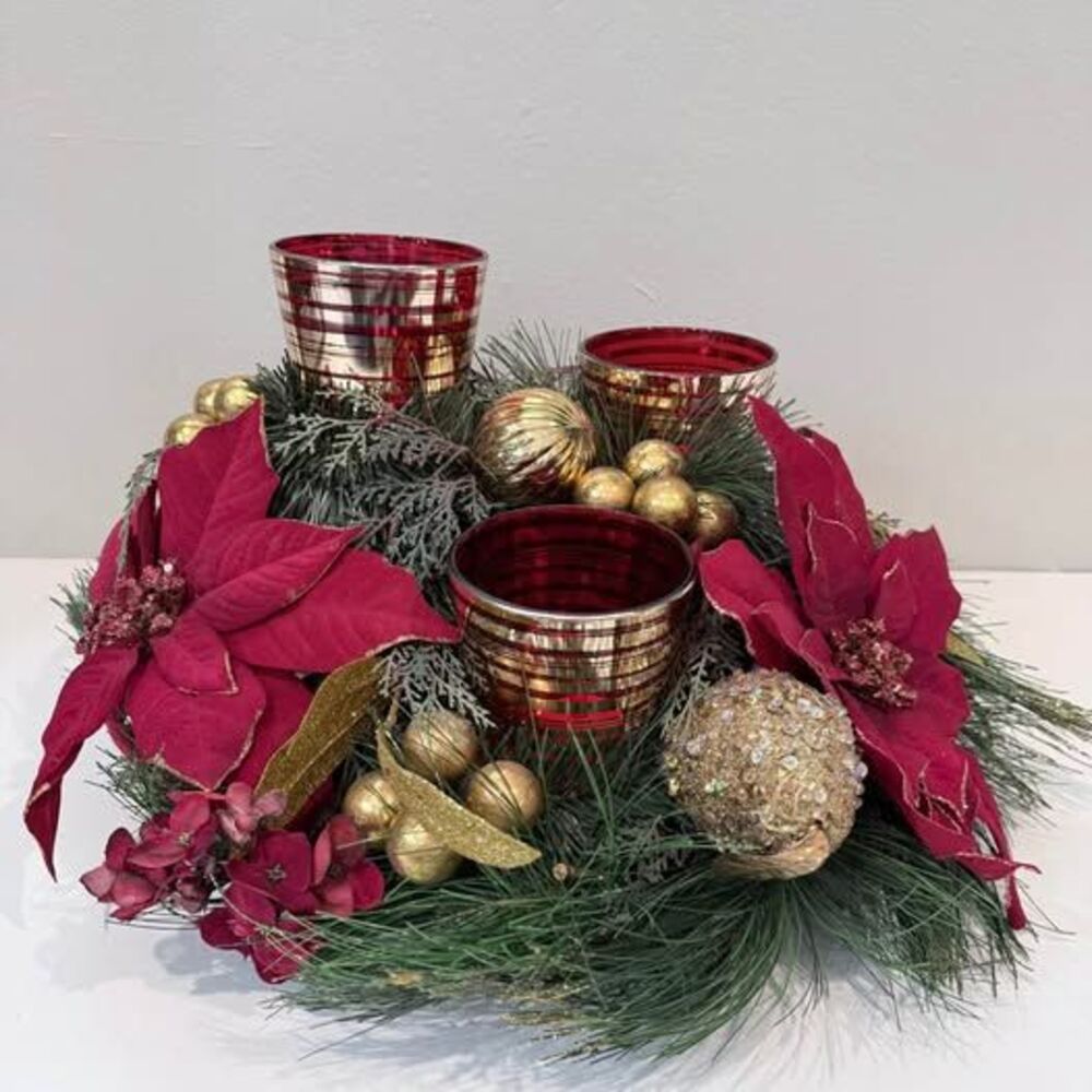 Christmas Poinsettia Centerpiece with 3 Votive Holders